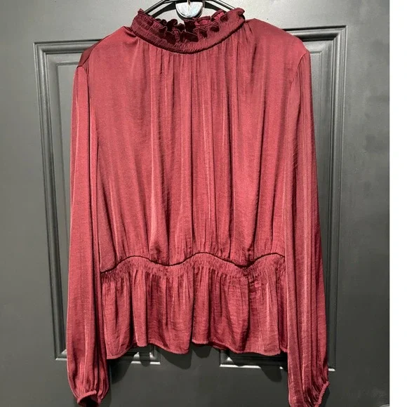 Nine West‎ NWT Burgundy Mock Neck Ruffle Peplum Blouse Long Sleeve Women Size XL - Picture 2 of 6